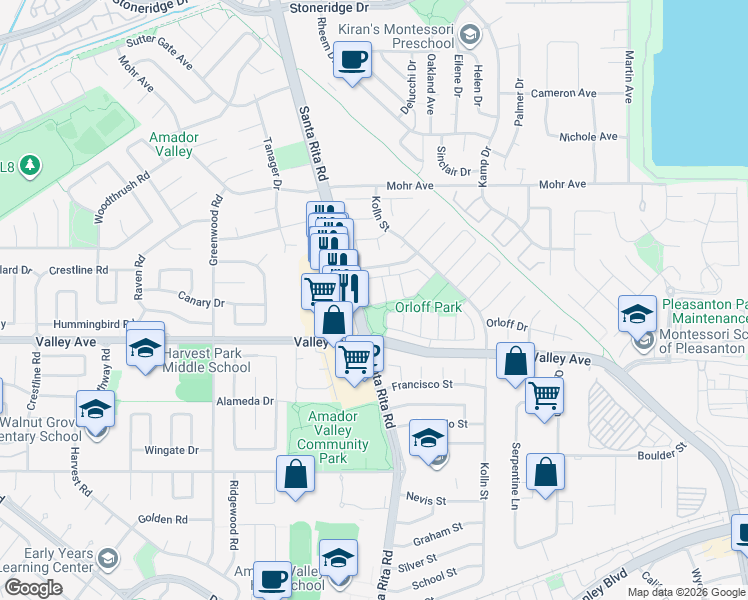 map of restaurants, bars, coffee shops, grocery stores, and more near 1956 Fiorio Circle in Pleasanton
