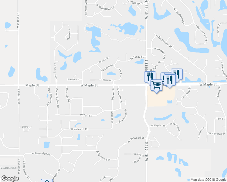 map of restaurants, bars, coffee shops, grocery stores, and more near Decker Street in Wichita