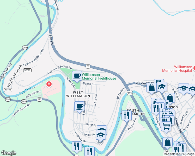 map of restaurants, bars, coffee shops, grocery stores, and more near 35 N Sunset Blvd in Williamson