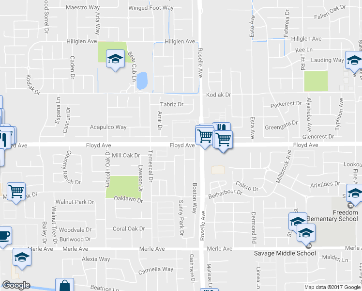 map of restaurants, bars, coffee shops, grocery stores, and more near 2918 Floyd Avenue in Modesto