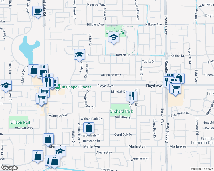 map of restaurants, bars, coffee shops, grocery stores, and more near 2540 Floyd Avenue in Modesto