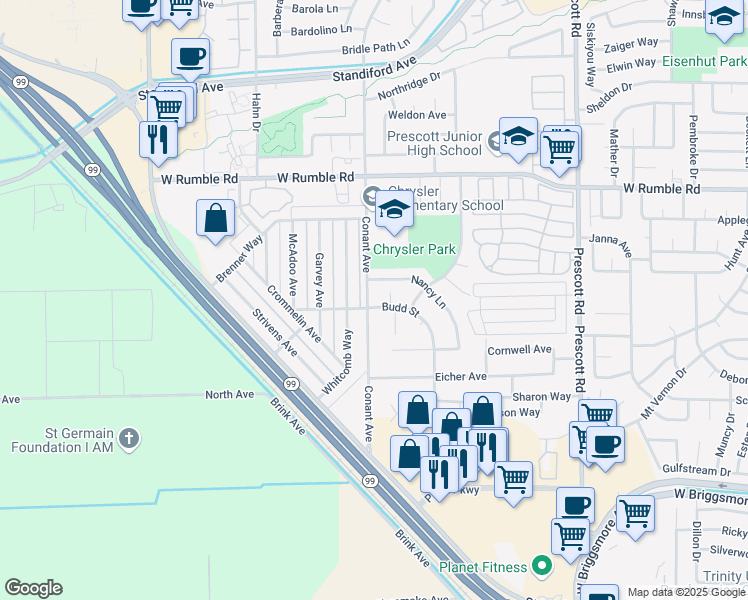 map of restaurants, bars, coffee shops, grocery stores, and more near 2504 Conant Avenue in Modesto
