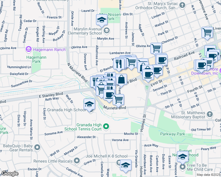 map of restaurants, bars, coffee shops, grocery stores, and more near 977 East Stanley Boulevard in Livermore