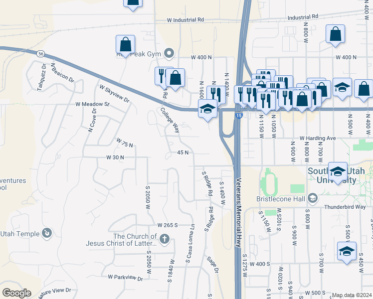 map of restaurants, bars, coffee shops, grocery stores, and more near 76 College Way in Cedar City