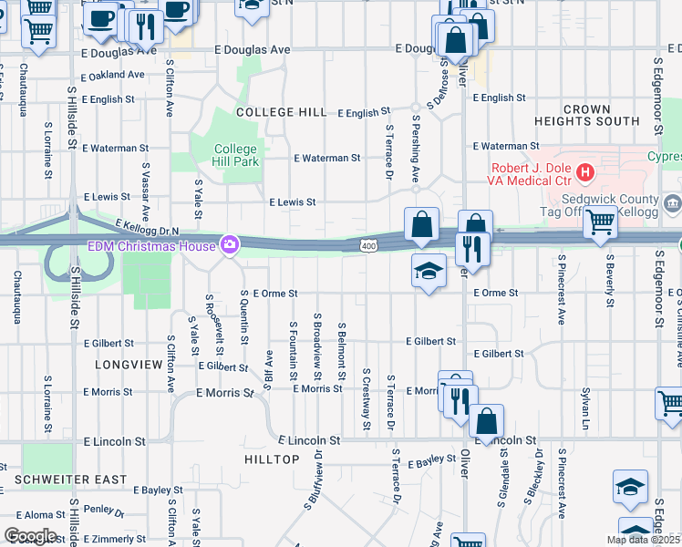 map of restaurants, bars, coffee shops, grocery stores, and more near 512 South Broadview Street in Wichita