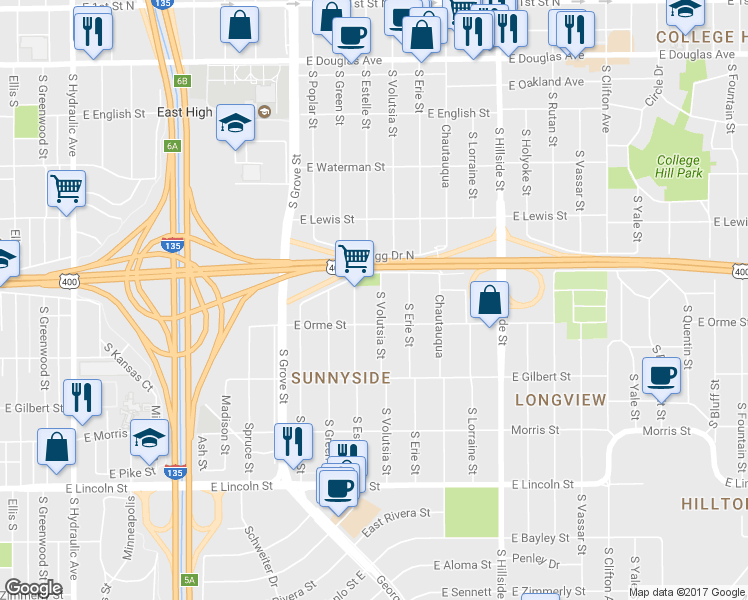 map of restaurants, bars, coffee shops, grocery stores, and more near 518 South Estelle Street in Wichita