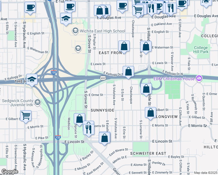 map of restaurants, bars, coffee shops, grocery stores, and more near 518 South Estelle Street in Wichita