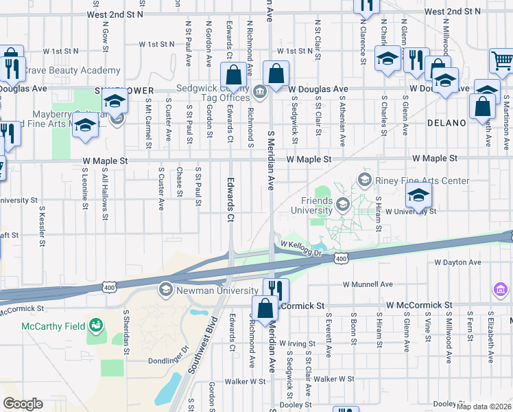 map of restaurants, bars, coffee shops, grocery stores, and more near 527 Richmond South in Wichita