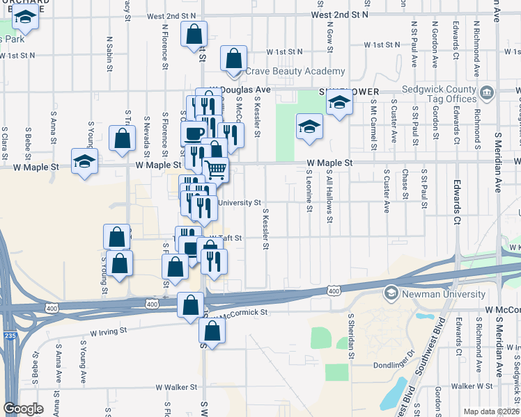 map of restaurants, bars, coffee shops, grocery stores, and more near 365 Kessler South Street in Wichita