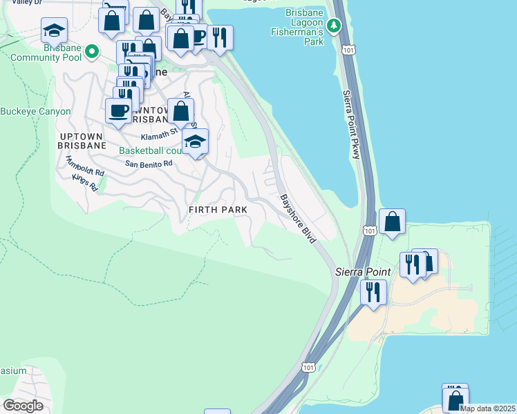 map of restaurants, bars, coffee shops, grocery stores, and more near 25 Gladys Avenue in Brisbane