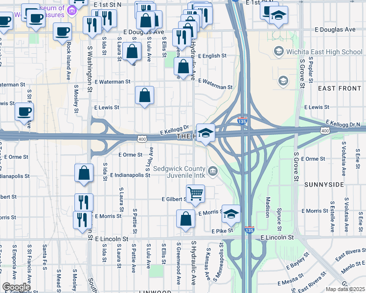 map of restaurants, bars, coffee shops, grocery stores, and more near East Kellogg Avenue in Wichita