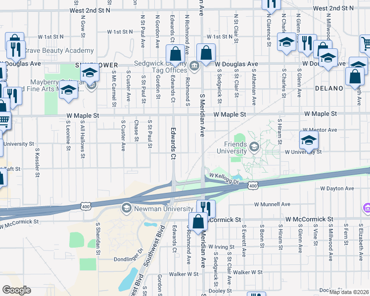map of restaurants, bars, coffee shops, grocery stores, and more near 527 Richmond South in Wichita