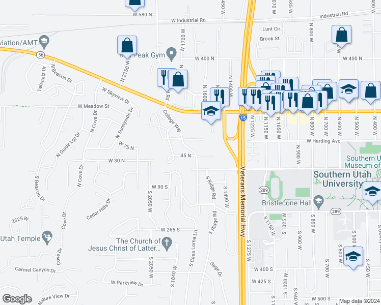 map of restaurants, bars, coffee shops, grocery stores, and more near 55 College Way in Cedar City