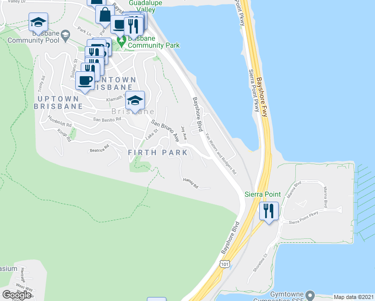 map of restaurants, bars, coffee shops, grocery stores, and more near 25 Gladys Avenue in Brisbane