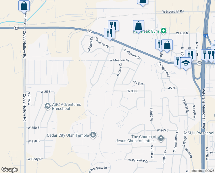 map of restaurants, bars, coffee shops, grocery stores, and more near 2301 West Cove Heights Circle in Cedar City