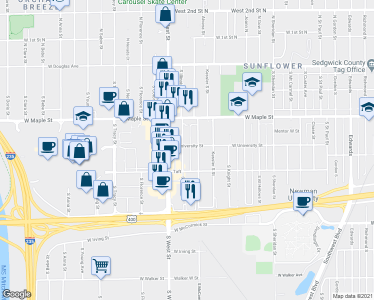 map of restaurants, bars, coffee shops, grocery stores, and more near 408 South Illinois Street in Wichita