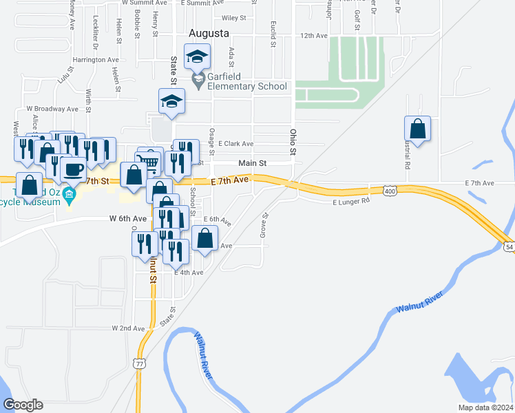 map of restaurants, bars, coffee shops, grocery stores, and more near 640 Santa Fe Street in Augusta