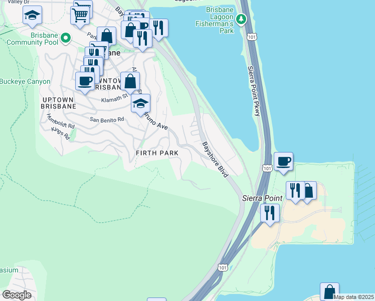 map of restaurants, bars, coffee shops, grocery stores, and more near 25 Gladys Avenue in Brisbane