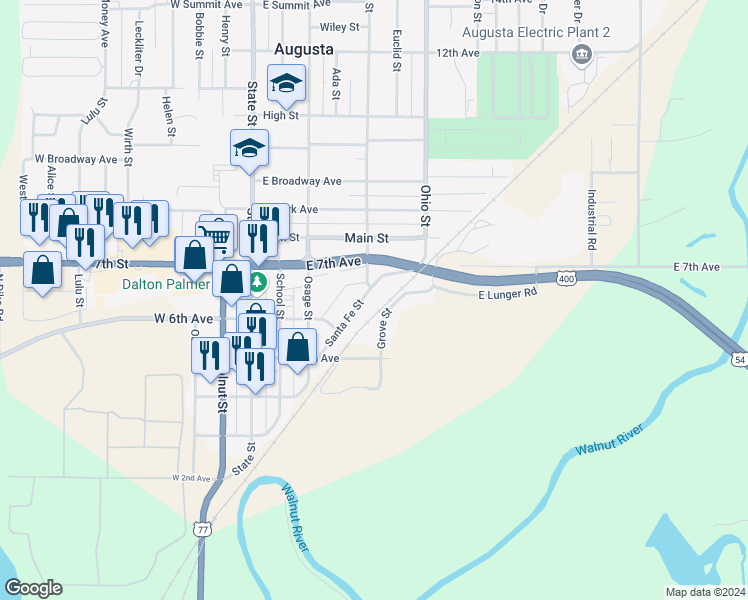 map of restaurants, bars, coffee shops, grocery stores, and more near 638 Santa Fe Street in Augusta
