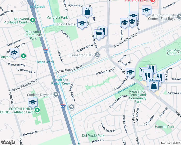 map of restaurants, bars, coffee shops, grocery stores, and more near 3722 Hawaii Court North in Pleasanton