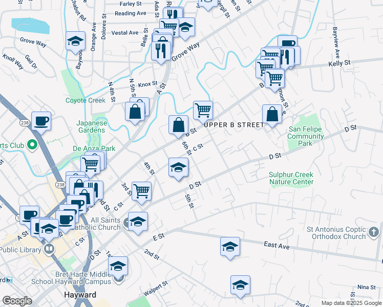 map of restaurants, bars, coffee shops, grocery stores, and more near 22702 6th Street in Hayward