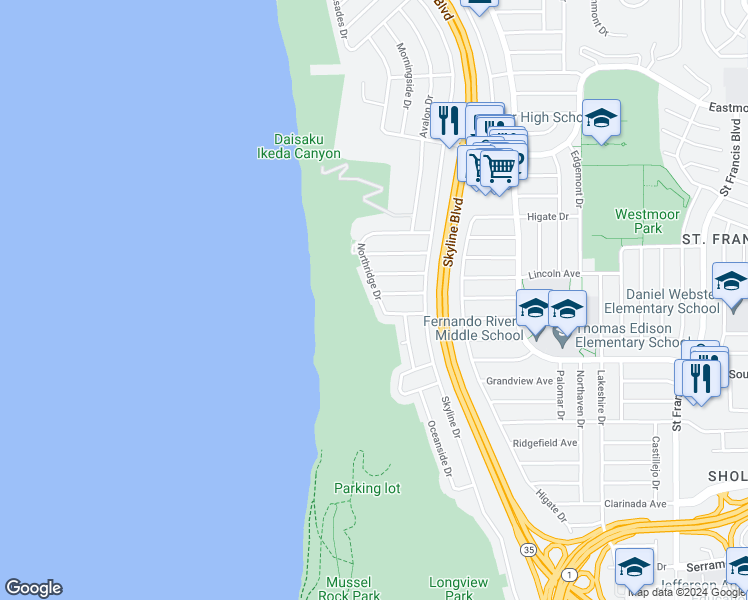 map of restaurants, bars, coffee shops, grocery stores, and more near 138 Northridge Drive in Daly City