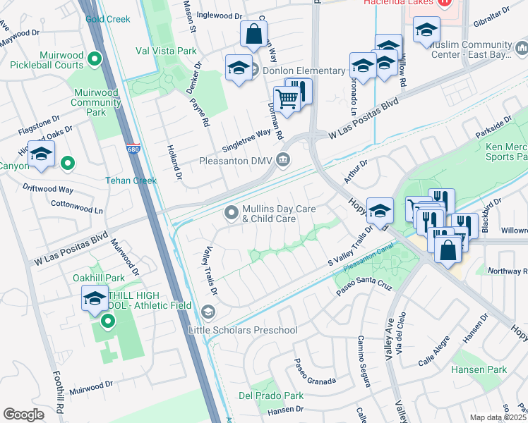 map of restaurants, bars, coffee shops, grocery stores, and more near 3722 Hawaii Court North in Pleasanton