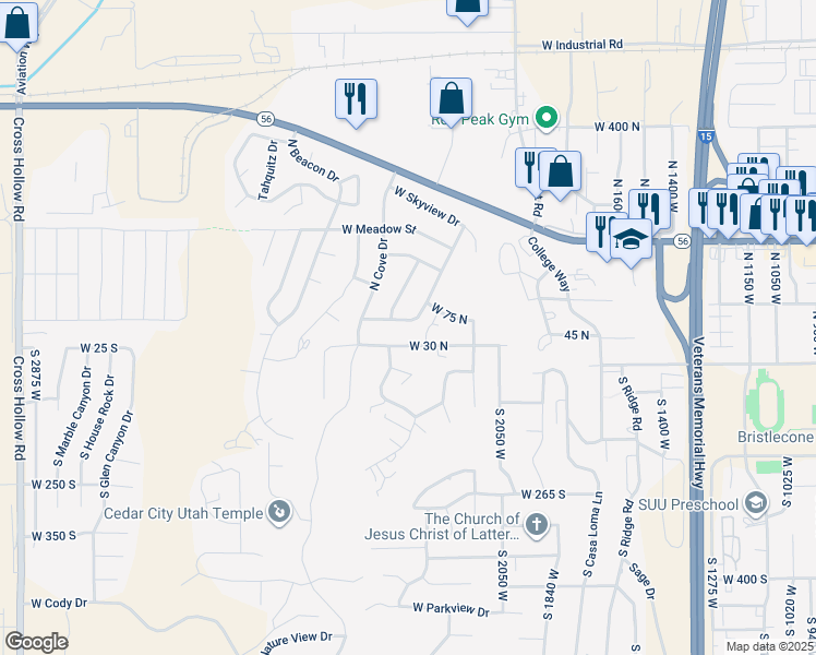 map of restaurants, bars, coffee shops, grocery stores, and more near 2235 West Sunnyside Drive in Cedar City