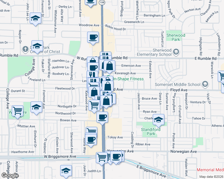 map of restaurants, bars, coffee shops, grocery stores, and more near 103 Floyd Avenue in Modesto
