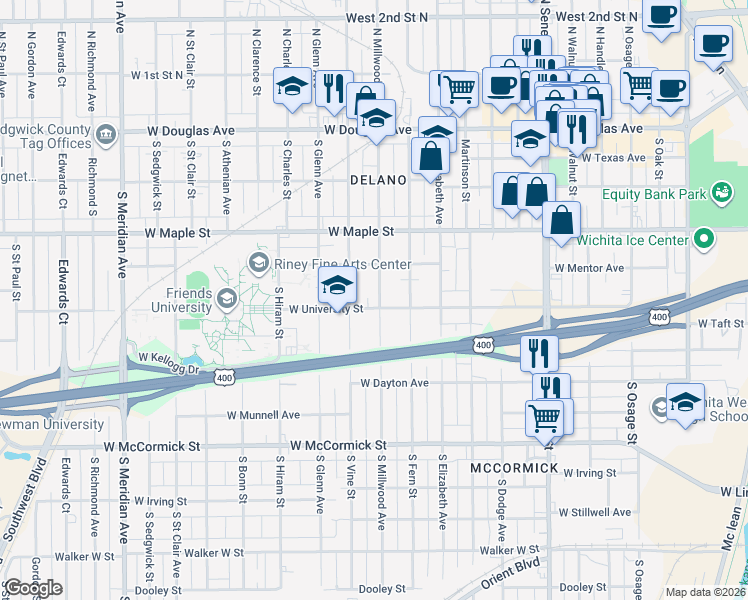 map of restaurants, bars, coffee shops, grocery stores, and more near 525 South Millwood Avenue in Wichita