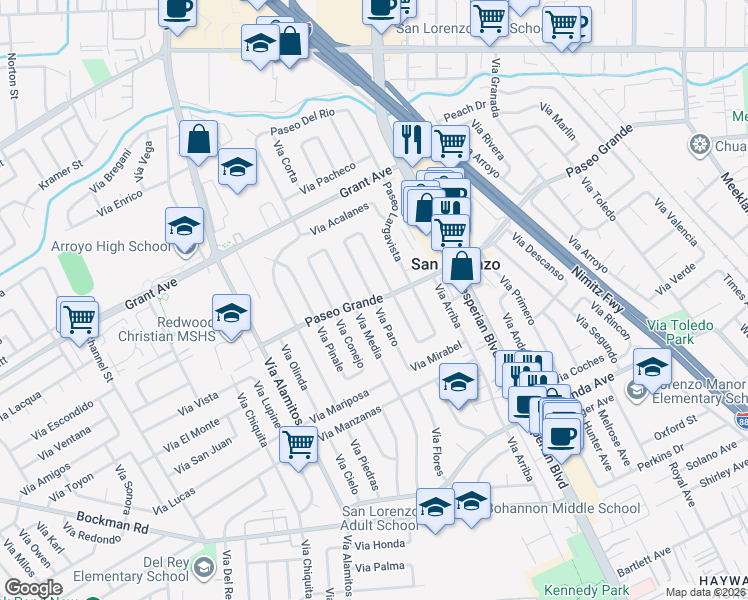 map of restaurants, bars, coffee shops, grocery stores, and more near 700 Paseo Grande in San Lorenzo