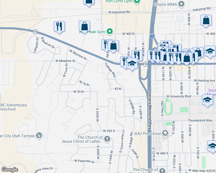 map of restaurants, bars, coffee shops, grocery stores, and more near 53 North Aime Avenue in Cedar City