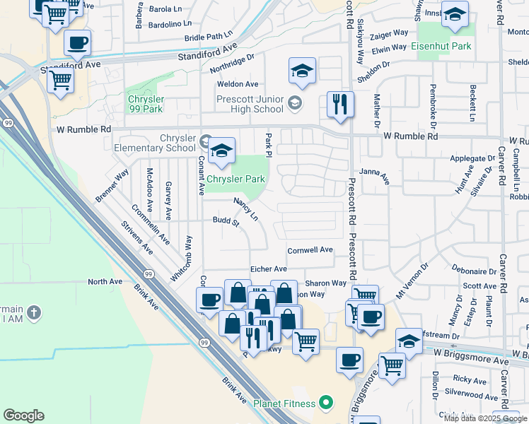 map of restaurants, bars, coffee shops, grocery stores, and more near 2309 Chrysler Drive in Modesto