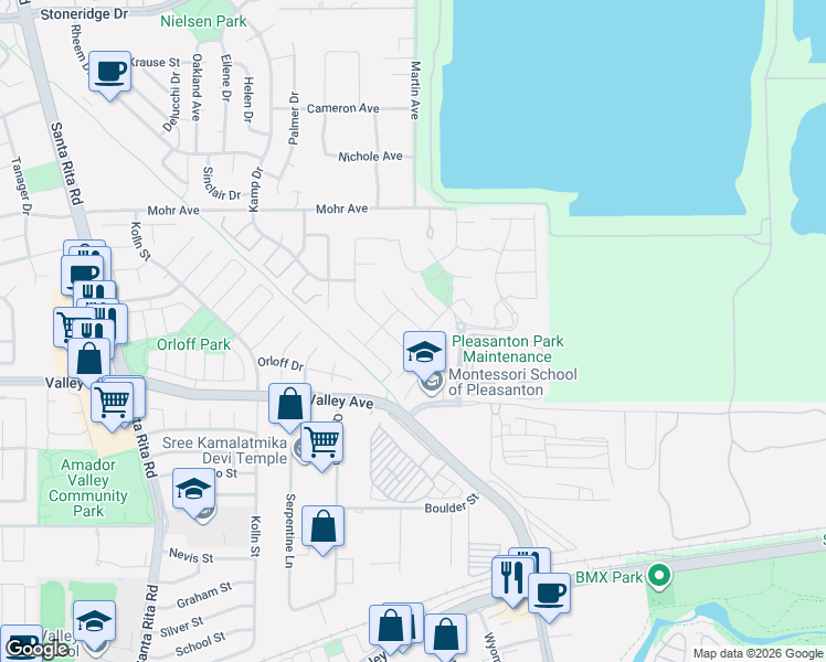 map of restaurants, bars, coffee shops, grocery stores, and more near 1135 Donahue Drive in Pleasanton