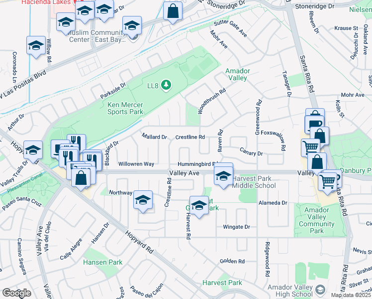 map of restaurants, bars, coffee shops, grocery stores, and more near 2344 Sandpiper Way in Pleasanton