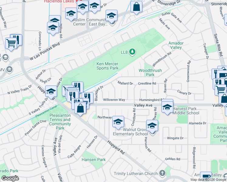 map of restaurants, bars, coffee shops, grocery stores, and more near 2691 Becard Court in Pleasanton
