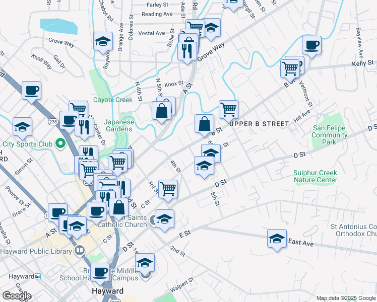 map of restaurants, bars, coffee shops, grocery stores, and more near 22597 Chestnut Street in Hayward