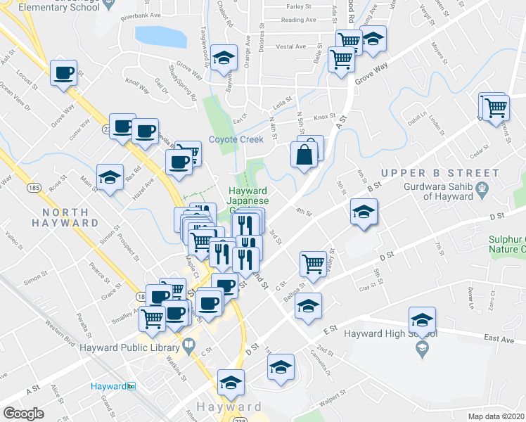 map of restaurants, bars, coffee shops, grocery stores, and more near 1321 Russell Way in Hayward
