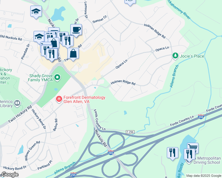 map of restaurants, bars, coffee shops, grocery stores, and more near 5618 Benoni Court in Glen Allen