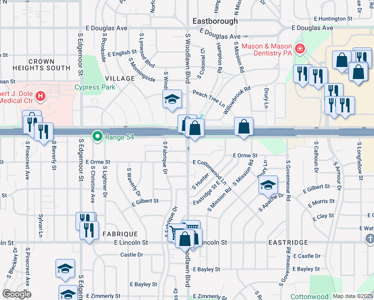 map of restaurants, bars, coffee shops, grocery stores, and more near 6411 East Kellogg Drive in Wichita