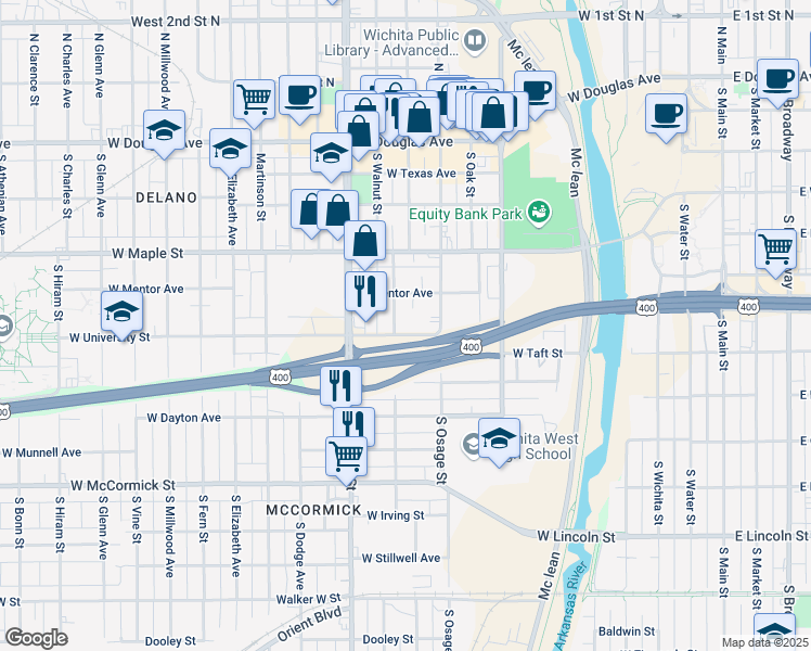 map of restaurants, bars, coffee shops, grocery stores, and more near 818 W University Ave in Wichita