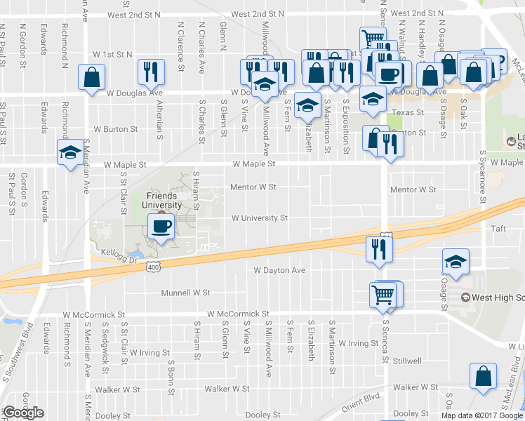 map of restaurants, bars, coffee shops, grocery stores, and more near 525 South Millwood Avenue in Wichita