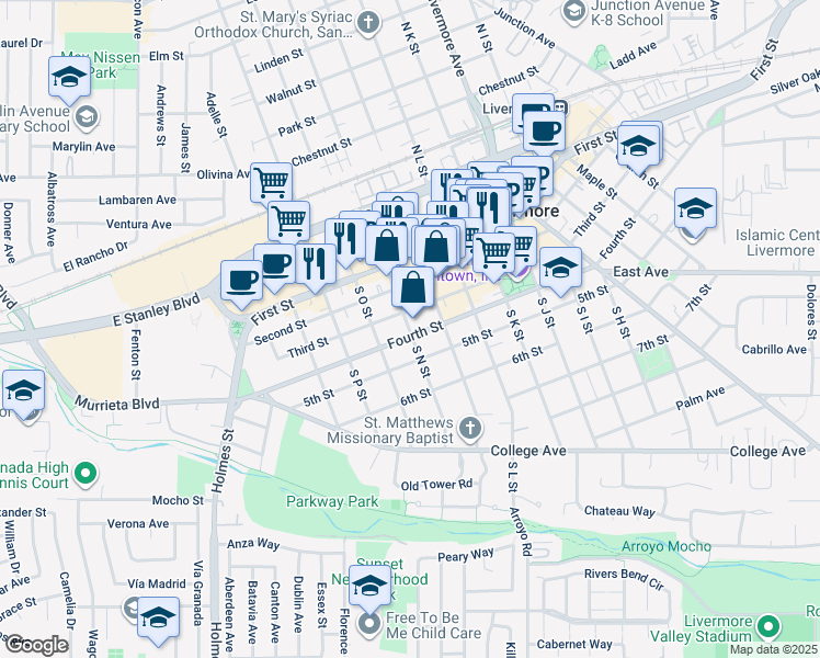 map of restaurants, bars, coffee shops, grocery stores, and more near 375 South N Street in Livermore