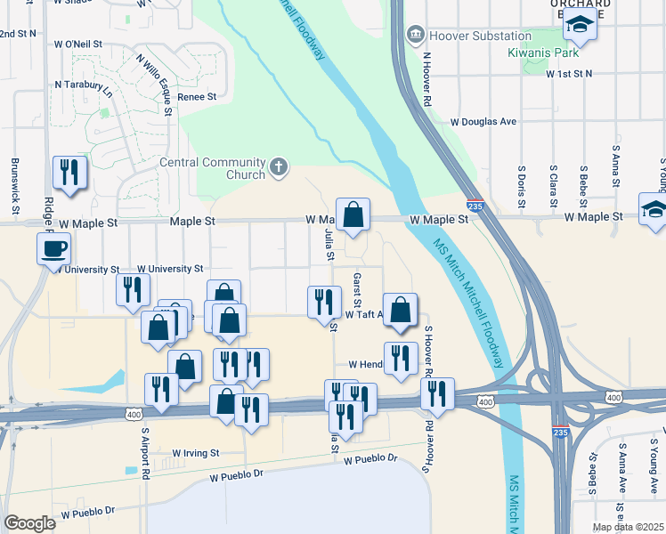 map of restaurants, bars, coffee shops, grocery stores, and more near 400 South Julia Street in Wichita