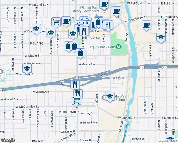 map of restaurants, bars, coffee shops, grocery stores, and more near 818 W University Ave in Wichita