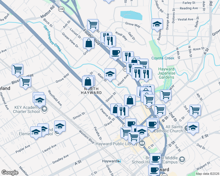 map of restaurants, bars, coffee shops, grocery stores, and more near 22157 Main Street in Hayward