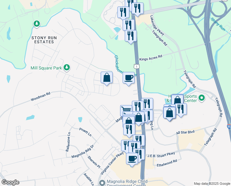 map of restaurants, bars, coffee shops, grocery stores, and more near 10970 Little Five Loop in Glen Allen