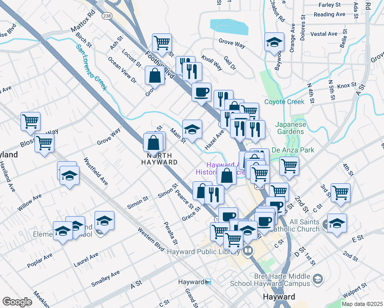 map of restaurants, bars, coffee shops, grocery stores, and more near 22148 Main Street in Hayward
