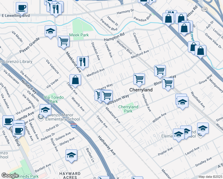 map of restaurants, bars, coffee shops, grocery stores, and more near 255 Cherry Way in Hayward
