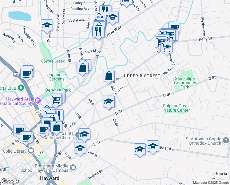 map of restaurants, bars, coffee shops, grocery stores, and more near C Street & 6th Street in Hayward